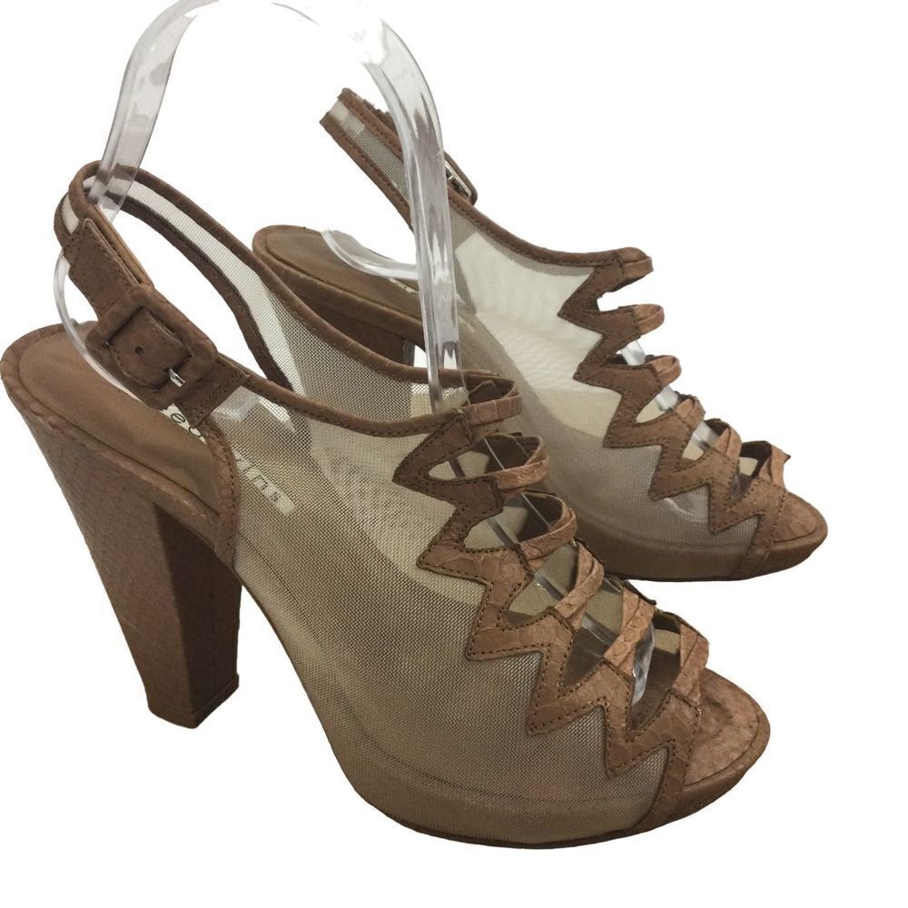 Reed Evins Anthropologie Women Mesh Leather Reptile Open Toe Heels Tan Ivory 7.5